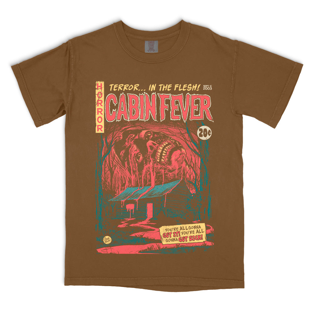 Cabin Fever Get Sick officially licensed brown Comfort Colors T-Shirt featuring vintage horror comic artwork and cabin graphic