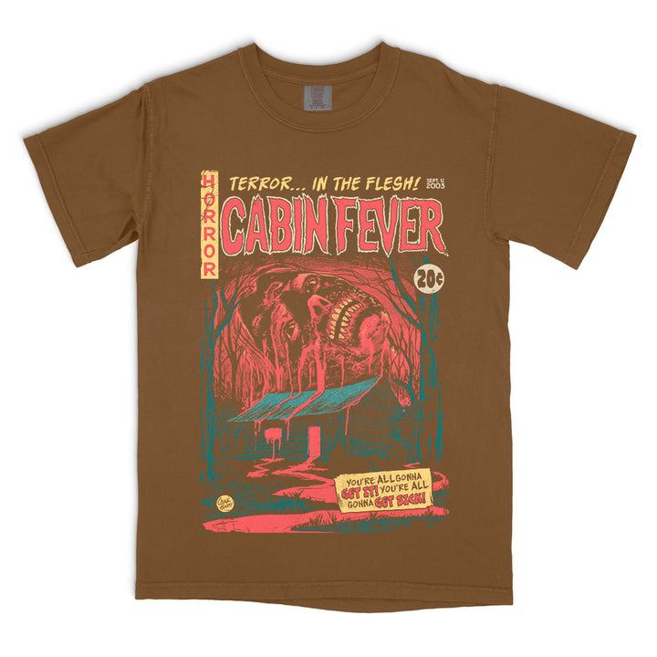 Cabin Fever Get Sick officially licensed brown Comfort Colors T-Shirt featuring vintage horror comic artwork and cabin graphic