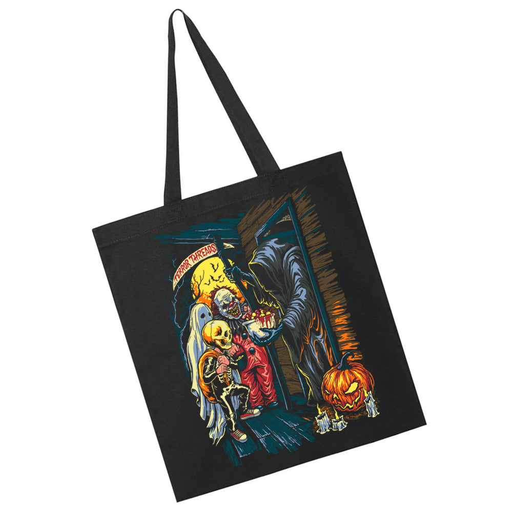 Terror Threads Original Ghastly Greetings black tote bag featuring retro Halloween horror artwork with costumed trick-or-treaters encountering a sinister figure offering candy.