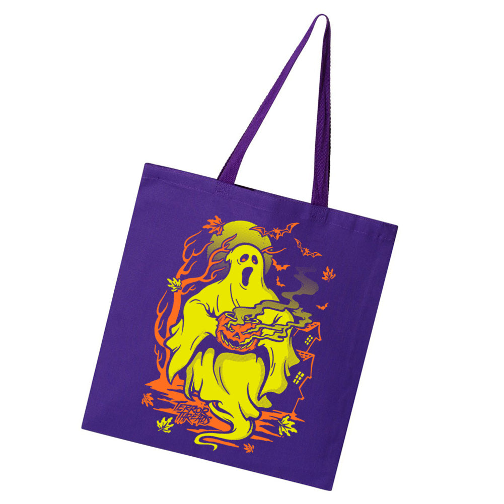 Terror Threads Original Ghostly Tales purple tote bag featuring vintage Halloween artwork with two yellow ghosts, a grinning jack-o'-lantern, bats, and a haunted house.