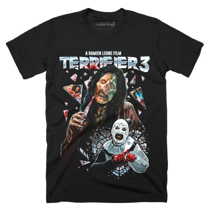Terrifier 3 Glass Act T-Shirt on a black Classic Terror Threads Tee featuring Victoria Heyes holding a shard of glass above Art the Clown surrounded by shattered mirror pieces
