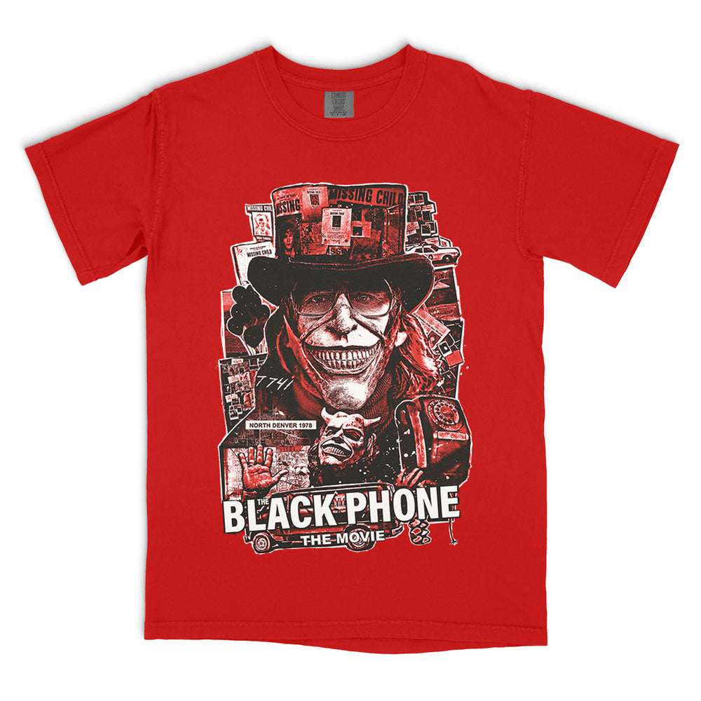 The Black Phone Gone Missing T-Shirt on a red Comfort Colors Tee featuring The Grabber, missing child posters, black balloons and the black phone in a distressed collage design