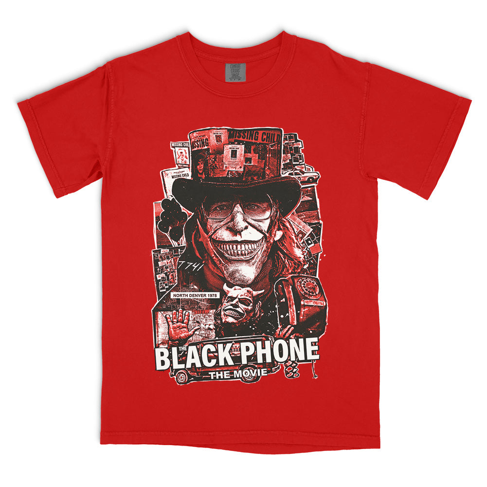 The Black Phone Gone Missing T-Shirt on a red Comfort Colors Tee featuring The Grabber, missing child posters, black balloons and the black phone in a distressed collage design