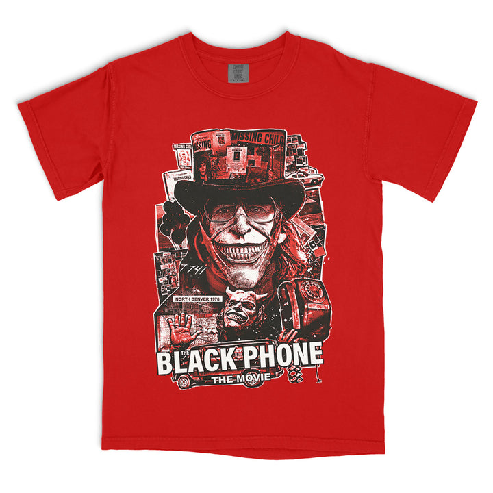 The Black Phone Gone Missing T-Shirt on a red Comfort Colors Tee featuring The Grabber, missing child posters, black balloons and the black phone in a distressed collage design