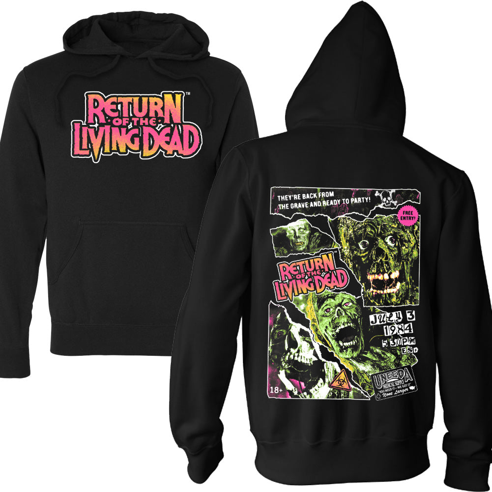 Black Return of the Living Dead pullover hoodie with pink front logo and Grave Rave zombie collage artwork printed on the back