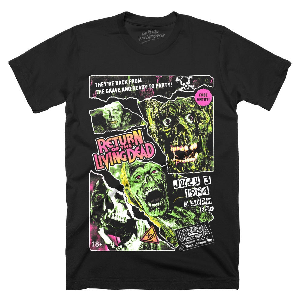 The Return of the Living Dead Grave Rave collage design printed on a black Terror Threads classic tee