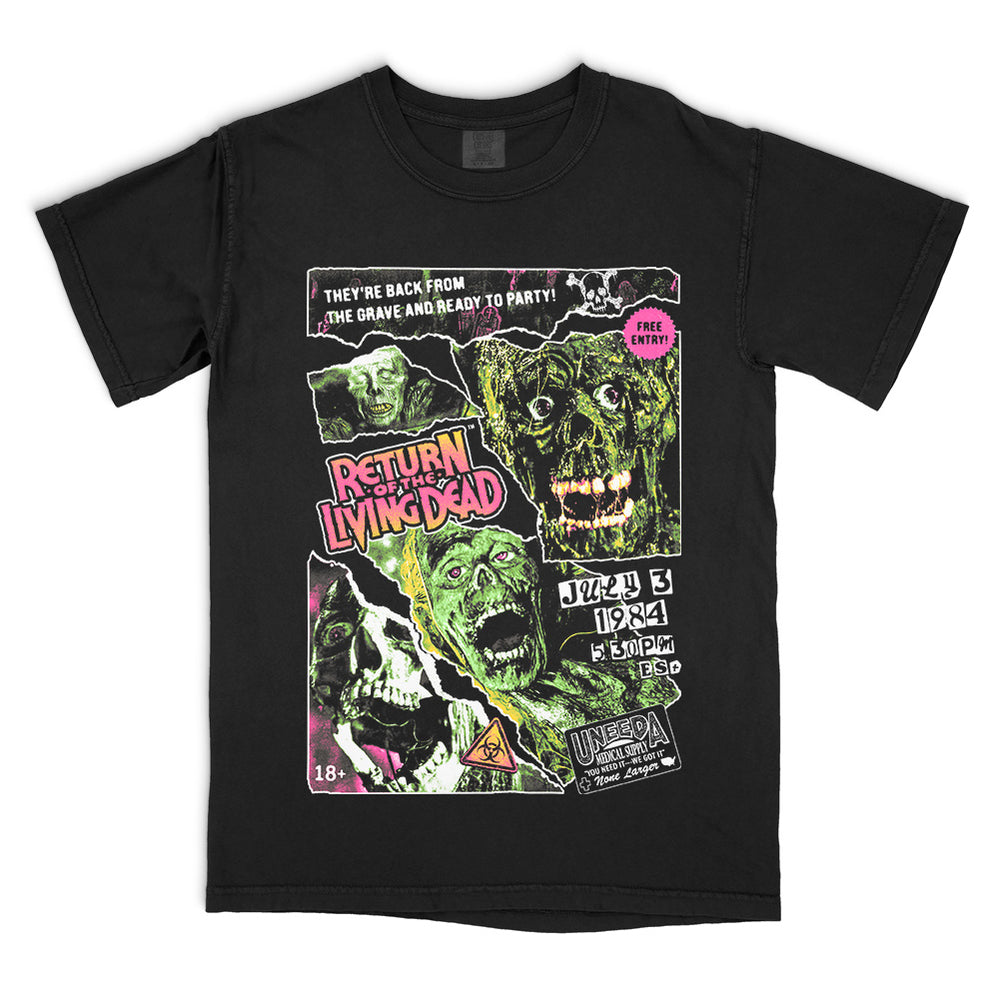 The Return of the Living Dead Grave Rave collage design printed on a black Comfort Colors tee