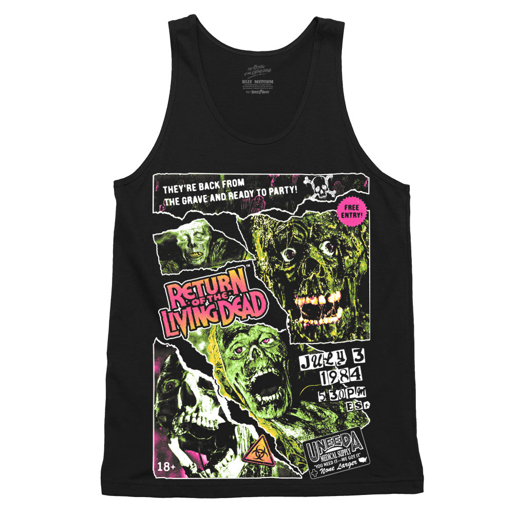 The Return of the Living Dead Grave Rave collage design printed on a black tank top