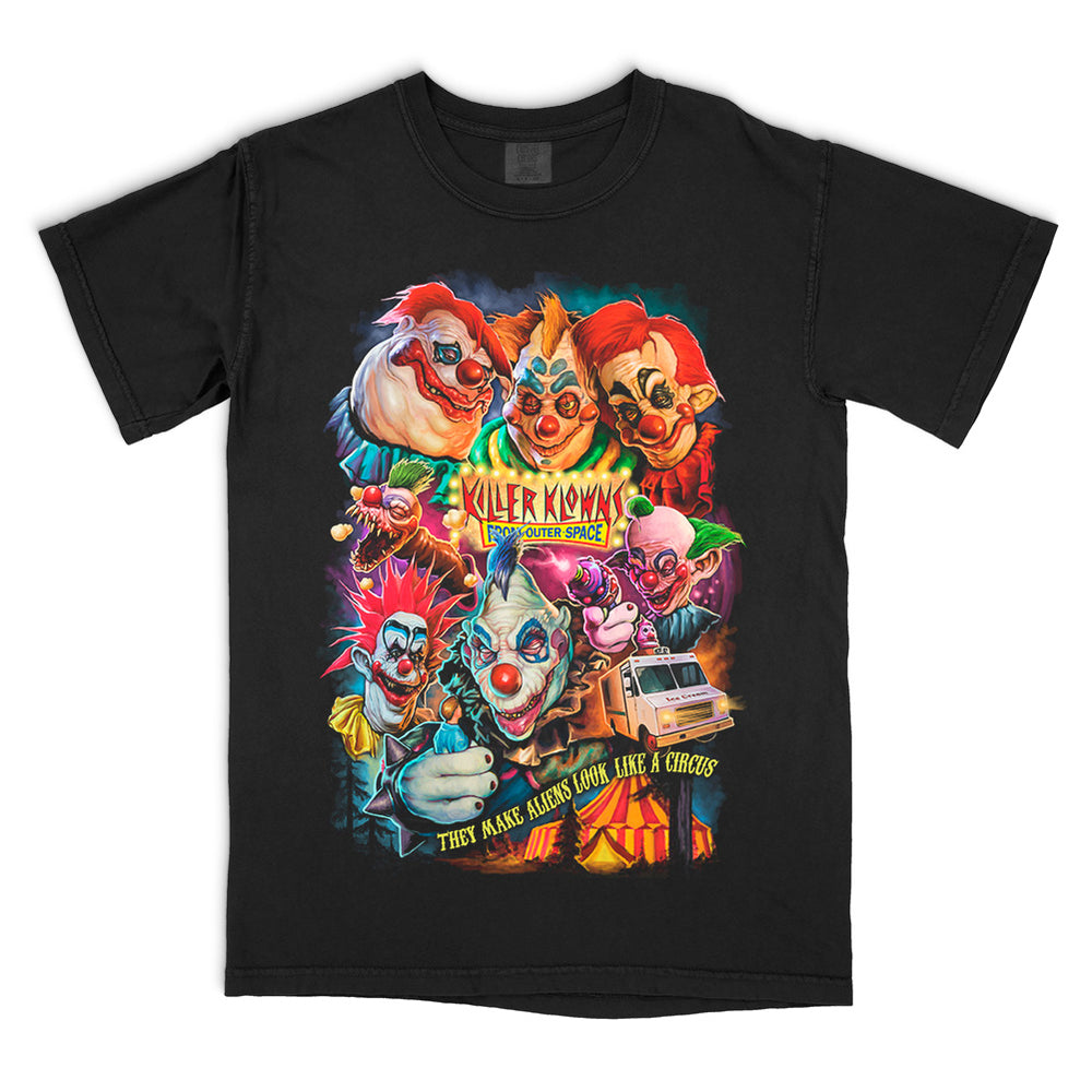 Officially licensed Killer Klowns From Outer Space Greatest Show In The Galaxy artwork featuring multiple Killer Klowns and circus horror imagery on Comfort Colors T-Shirt