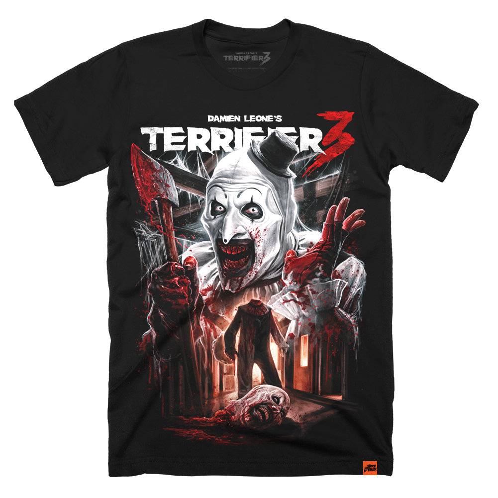 Terrifier 3 Heads Will Roll T-Shirt featuring Art the Clown wielding a blood-soaked axe in a brutal hallway scene with severed head and graphic horror artwork