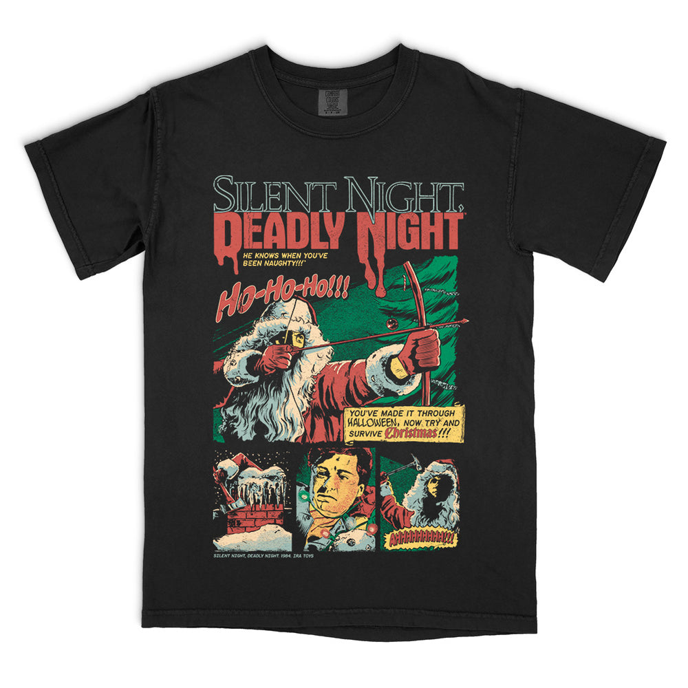 Silent Night, Deadly Night Ho, Ho, Ho T-Shirt on a black Comfort Colors Tee featuring Billy dressed as Santa firing a bow and arrow in a retro comic-style horror design