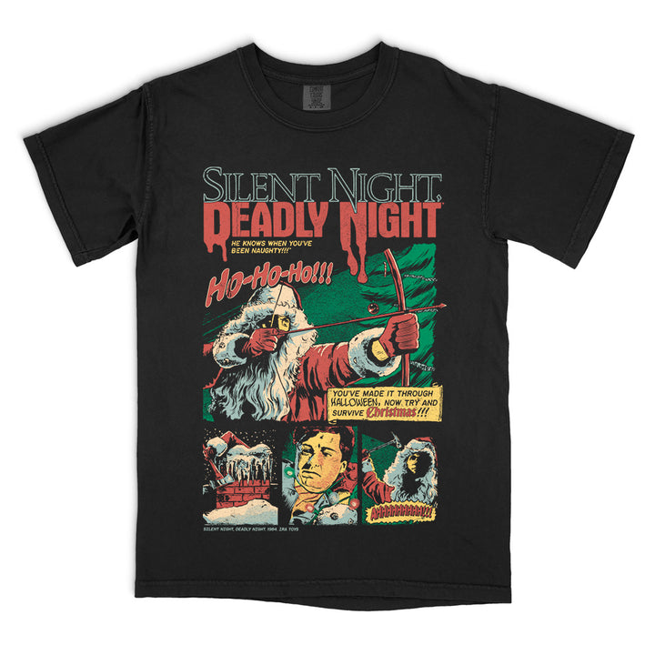 Silent Night, Deadly Night Ho, Ho, Ho T-Shirt on a black Comfort Colors Tee featuring Billy dressed as Santa firing a bow and arrow in a retro comic-style horror design