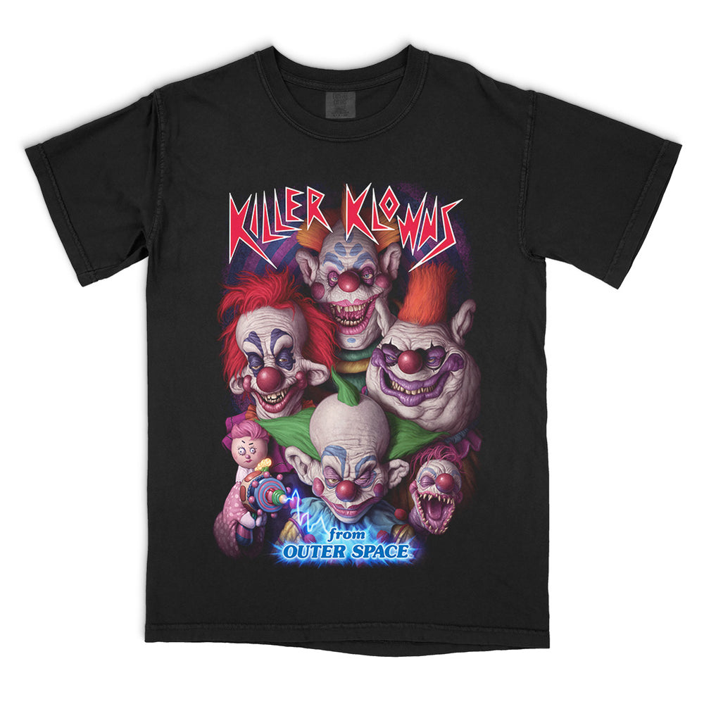 Officially licensed Killer Klowns From Outer Space Horrific Harlequins Comfort Colors t-shirt featuring a vibrant graphic of five menacing Killer Klowns with creepy carnival-inspired details and the classic movie logo.