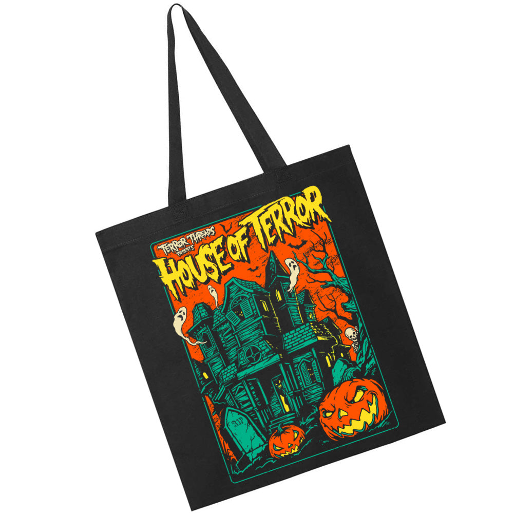 Terror Threads Original House Of Terror black tote bag featuring vintage Halloween artwork with a haunted mansion, floating ghosts, jack-o'-lanterns, and gravestones.