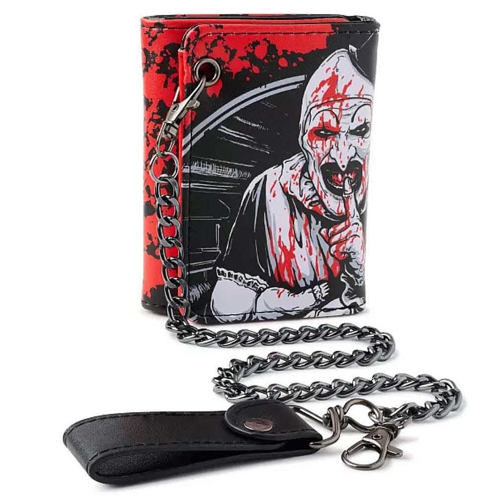 Officially Licensed Terrifier Hush Little Baby chain wallet front view featuring Art the Clown