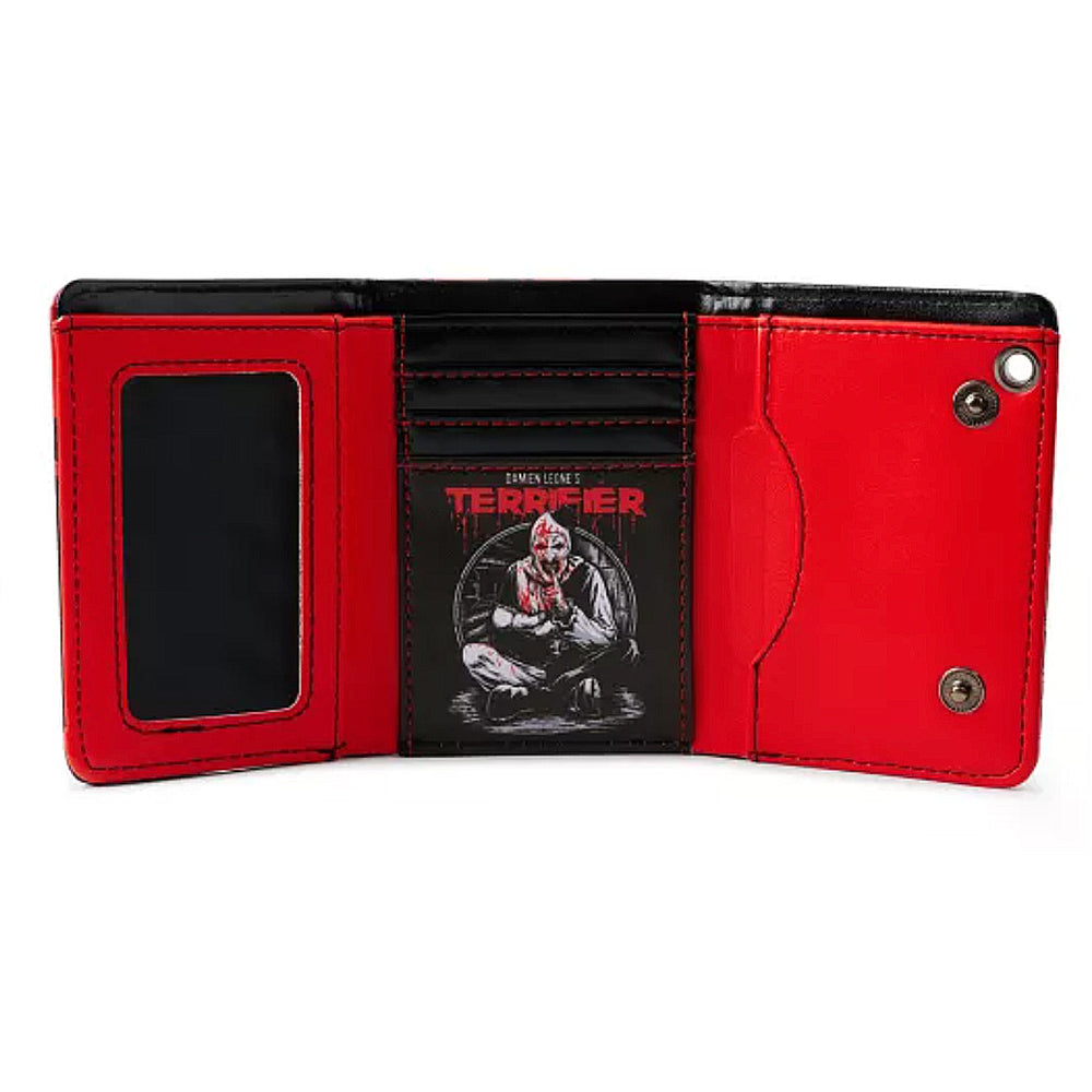 Officially Licensed Terrifier Hush Little Baby chain wallet open showing card slots, ID window, and cash compartment