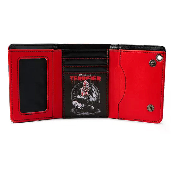 Officially Licensed Terrifier Hush Little Baby chain wallet open showing card slots, ID window, and cash compartment