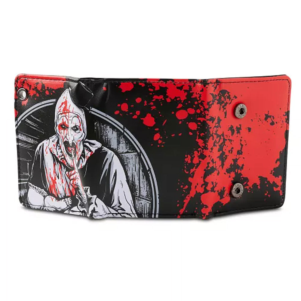 Officially Licensed Terrifier Hush Little Baby chain wallet unfolded showing exterior artwork featuring Art the Clown
