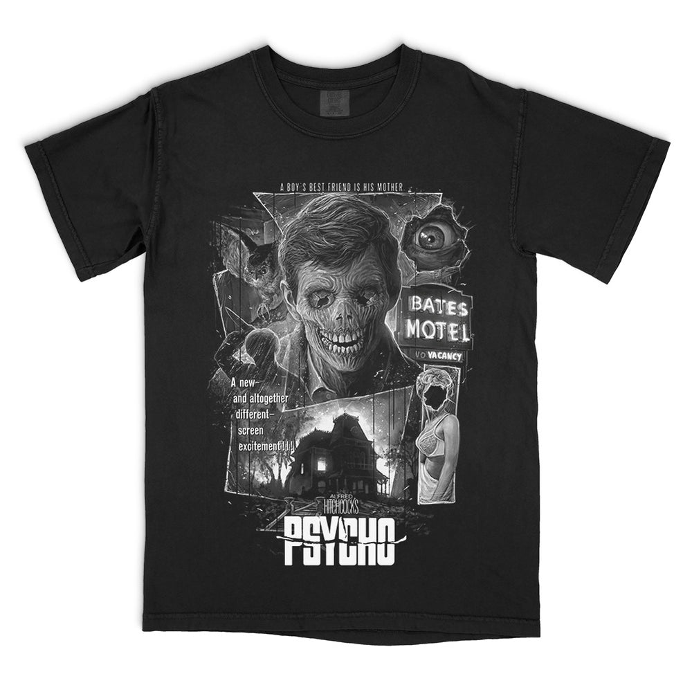 Black Comfort Colors t-shirt with 'Psycho' graphic design featuring a character and text on a white background