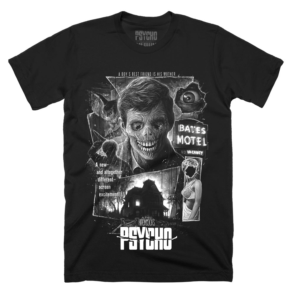Black t-shirt with 'Psycho' graphic design featuring a stylized face and text on a white background.