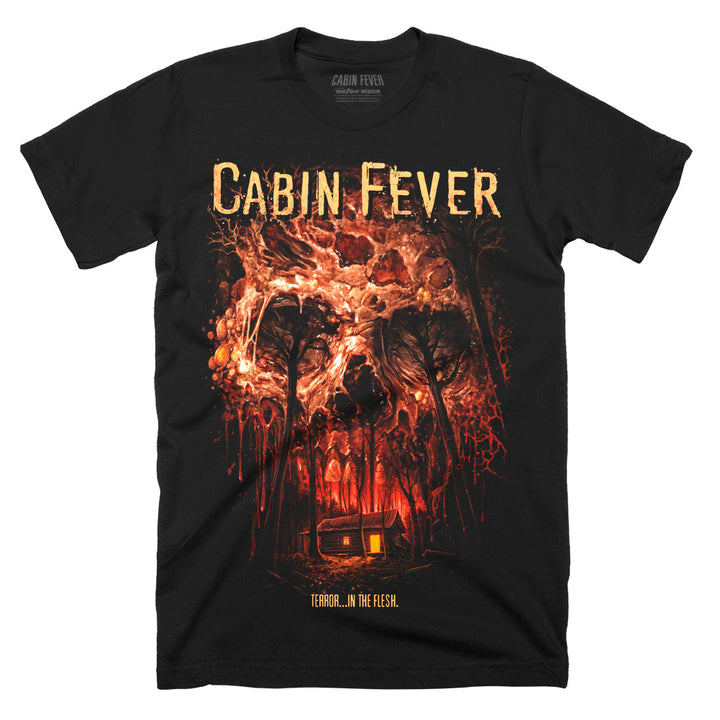 Cabin Fever Infected T-Shirt on a black Classic Terror Threads Tee featuring a decaying skull formed from diseased flesh above a remote cabin in the woods