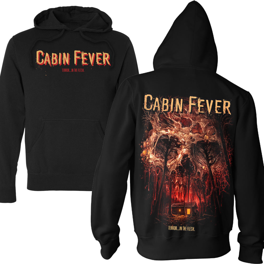 Cabin Fever Infected pullover hoodie featuring a decaying skull above a forest and isolated cabin horror artwork