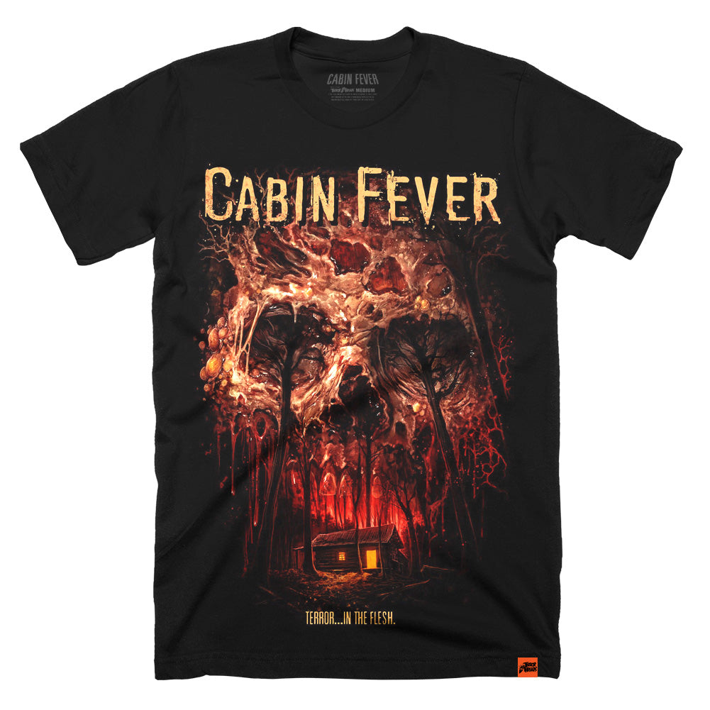 Cabin Fever Infected T-Shirt featuring a decaying skull over a burning forest and isolated cabin horror artwork