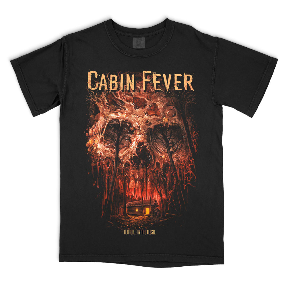Cabin Fever Infected T-Shirt on a black Comfort Colors Tee featuring a decaying skull formed from diseased flesh above a remote cabin in the woods