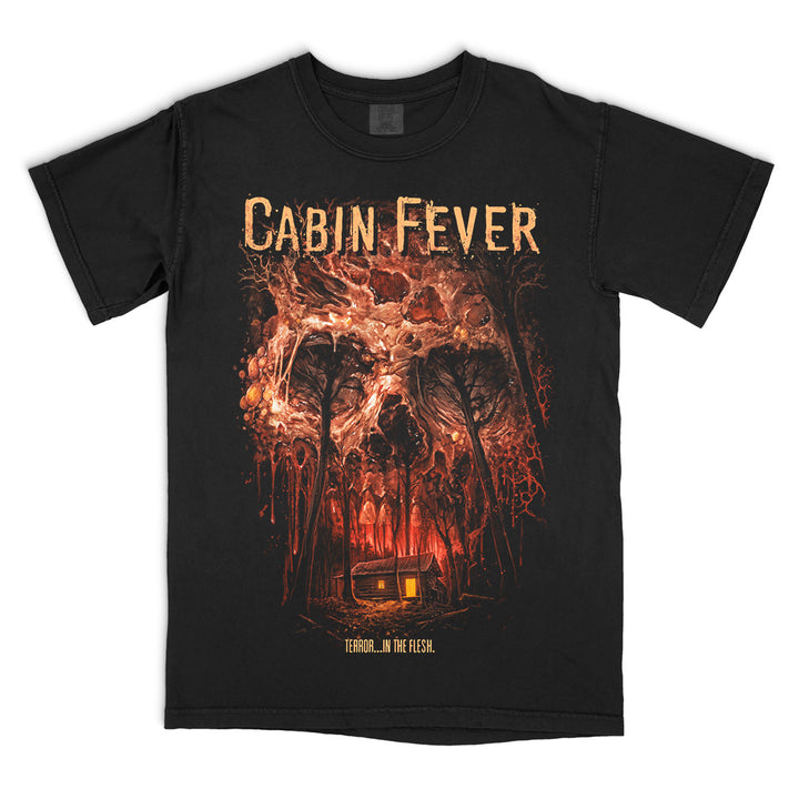 Cabin Fever Infected T-Shirt on a black Comfort Colors Tee featuring a decaying skull formed from diseased flesh above a remote cabin in the woods
