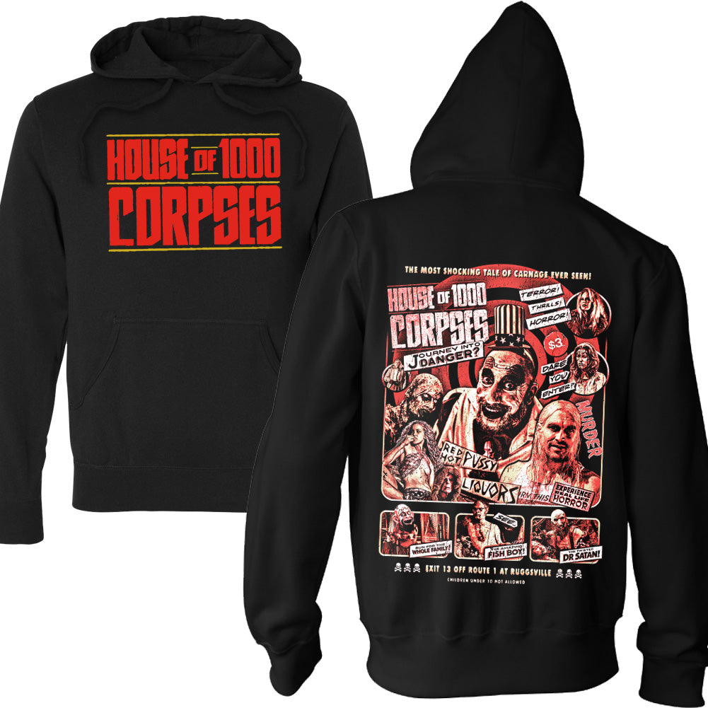 House Of 1000 Corpses Journey Into Danger Pullover Hoodie in black featuring front logo print and back artwork with Captain Spaulding, Baby, Otis, Dr. Satan, Fish Boy, and Murder Ride roadside attraction artwork.