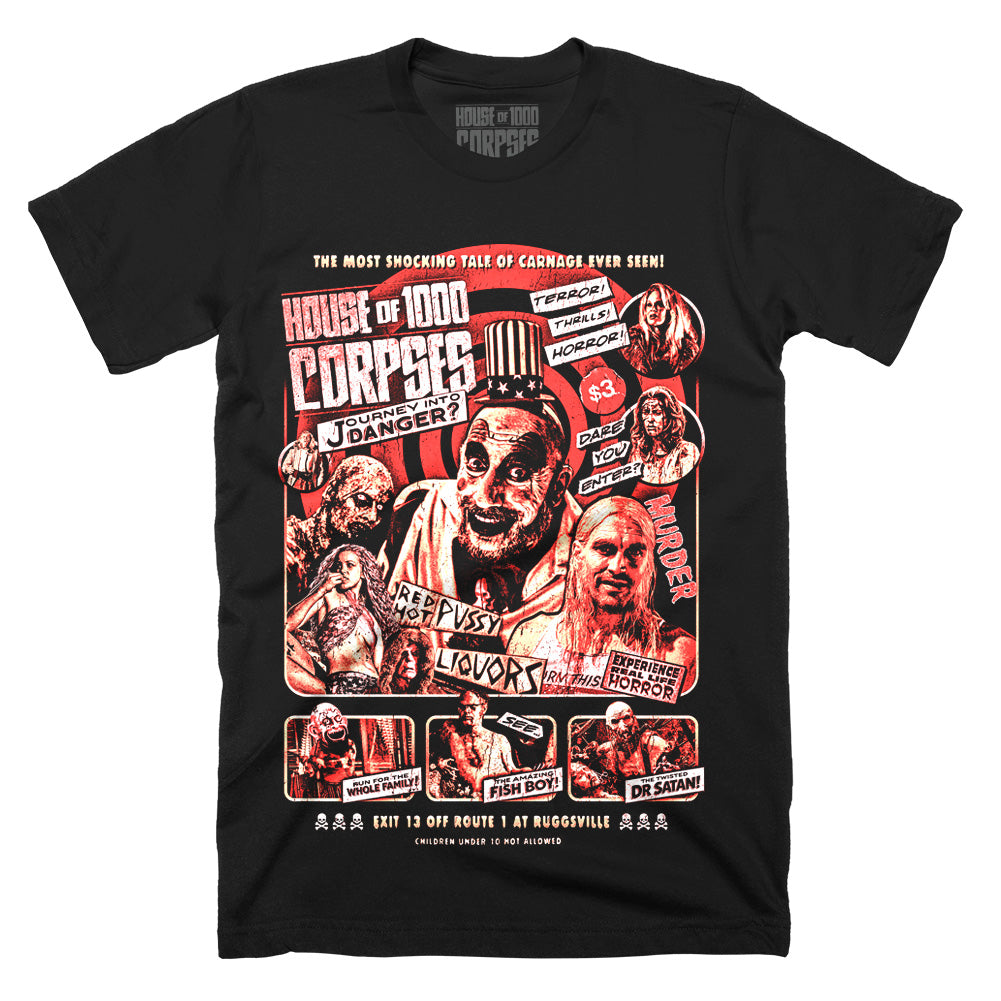 House Of 1000 Corpses Journey Into Danger T-Shirt on black classic Terror Threads tee featuring Captain Spaulding, Baby, Otis, Dr. Satan, Fish Boy, and Murder Ride horror artwork.