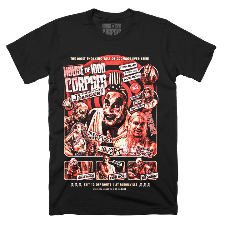 House Of 1000 Corpses Journey Into Danger T-Shirt on black classic Terror Threads tee featuring Captain Spaulding, Baby, Otis, Dr. Satan, Fish Boy, and Murder Ride horror artwork.