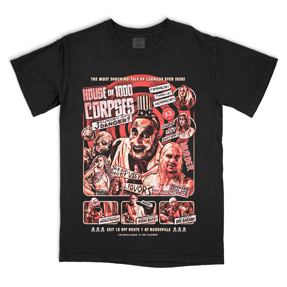 House Of 1000 Corpses Journey Into Danger T-Shirt on black Comfort Colors tee featuring Captain Spaulding, Baby, Otis, Dr. Satan, Fish Boy, and Murder Ride roadside attraction artwork.
