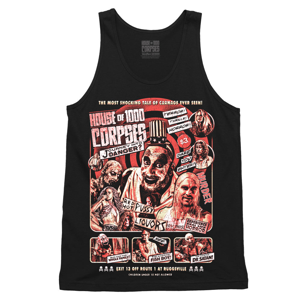 House Of 1000 Corpses Journey Into Danger Tank Top on black featuring Captain Spaulding, Baby, Otis, Dr. Satan, Fish Boy, and Murder Ride roadside attraction artwork.