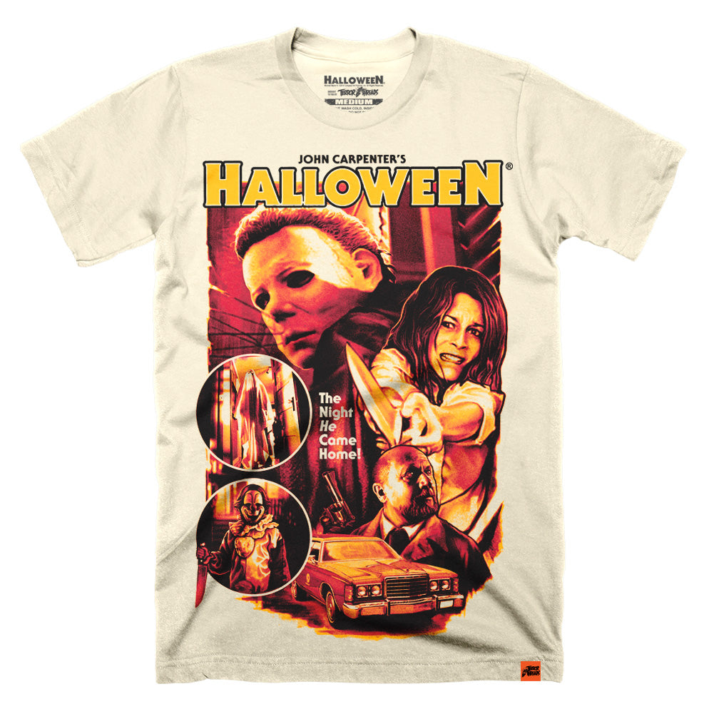 Halloween Just Plain Scared T-Shirt featuring Michael Myers, Laurie Strode, and classic scenes from John Carpenter’s Halloween in vintage poster-style horror artwork