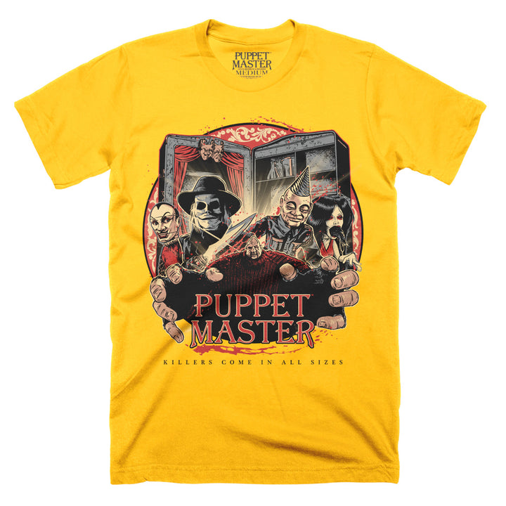Puppet Master Killers Come in All Sizes T-Shirt on a yellow Classic Terror Threads Tee featuring Blade, Pinhead, Tunneler, Leech Woman and other killer puppets