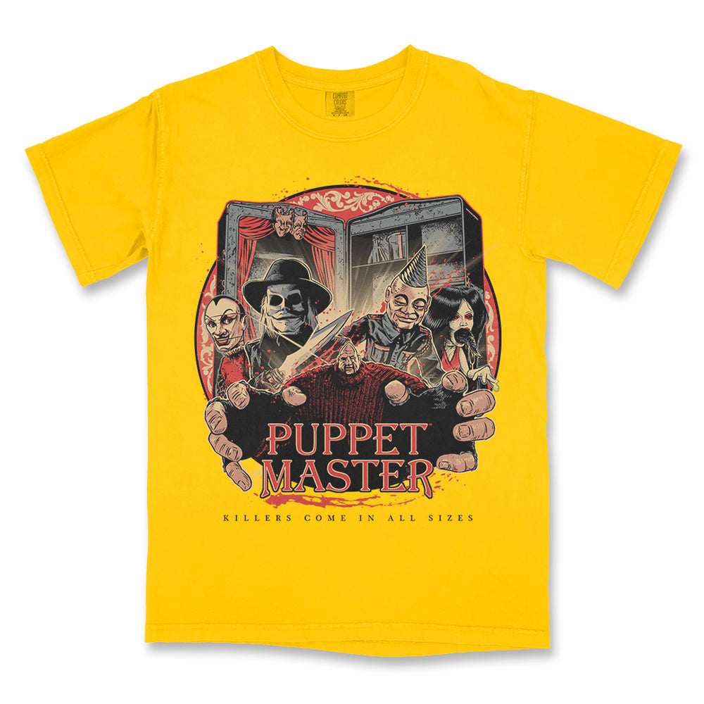 Puppet Master Killers Come in All Sizes T-Shirt on a yellow Comfort Colors Tee featuring Blade, Pinhead, Tunneler, Leech Woman and other killer puppets