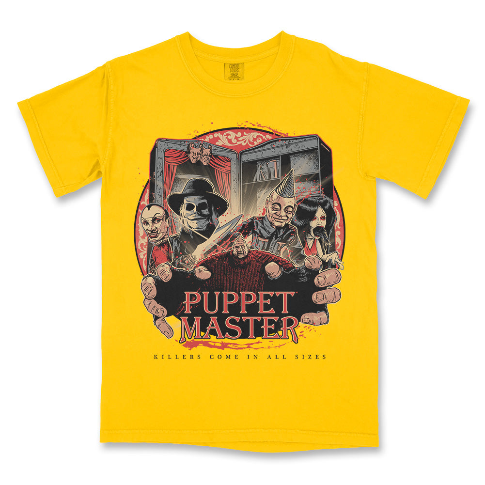 Puppet Master Killers Come in All Sizes T-Shirt on a yellow Comfort Colors Tee featuring Blade, Pinhead, Tunneler, Leech Woman and other killer puppets