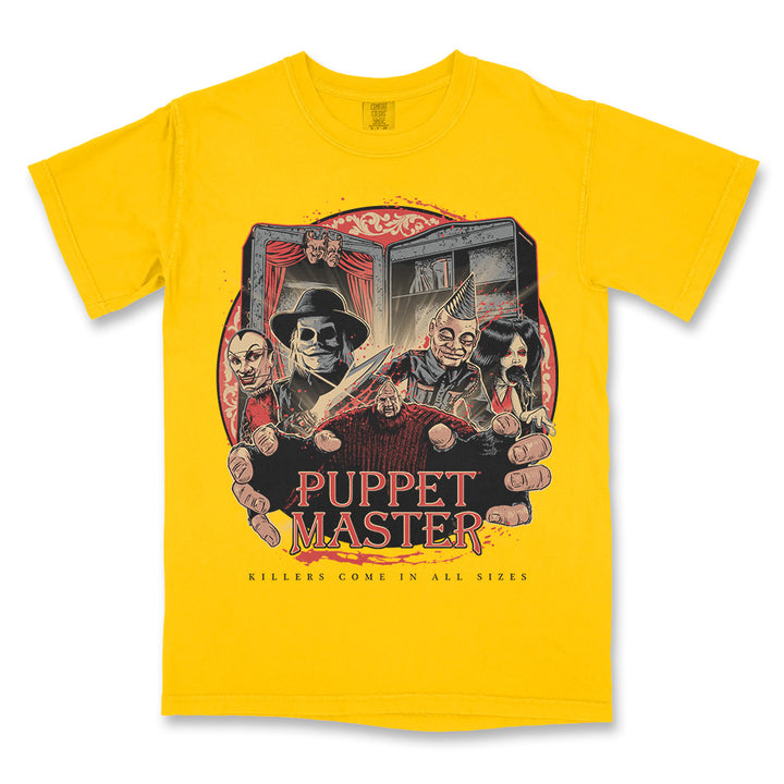 Puppet Master Killers Come in All Sizes T-Shirt on a yellow Comfort Colors Tee featuring Blade, Pinhead, Tunneler, Leech Woman and other killer puppets