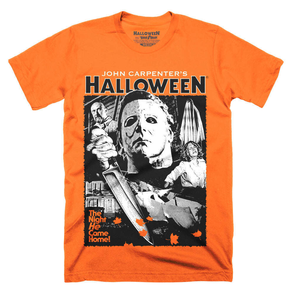 Halloween Lampkin Lane T-Shirt featuring Michael Myers, Laurie Strode, Dr. Loomis and the Myers house on an orange Terror Threads tee