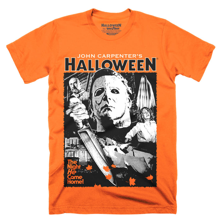 Halloween Lampkin Lane T-Shirt featuring Michael Myers, Laurie Strode, Dr. Loomis and the Myers house on an orange Terror Threads tee