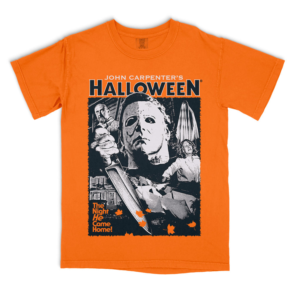 Halloween Lampkin Lane T-Shirt featuring Michael Myers, Laurie Strode, Dr. Loomis and the Myers house on an orange Comfort Colors tee