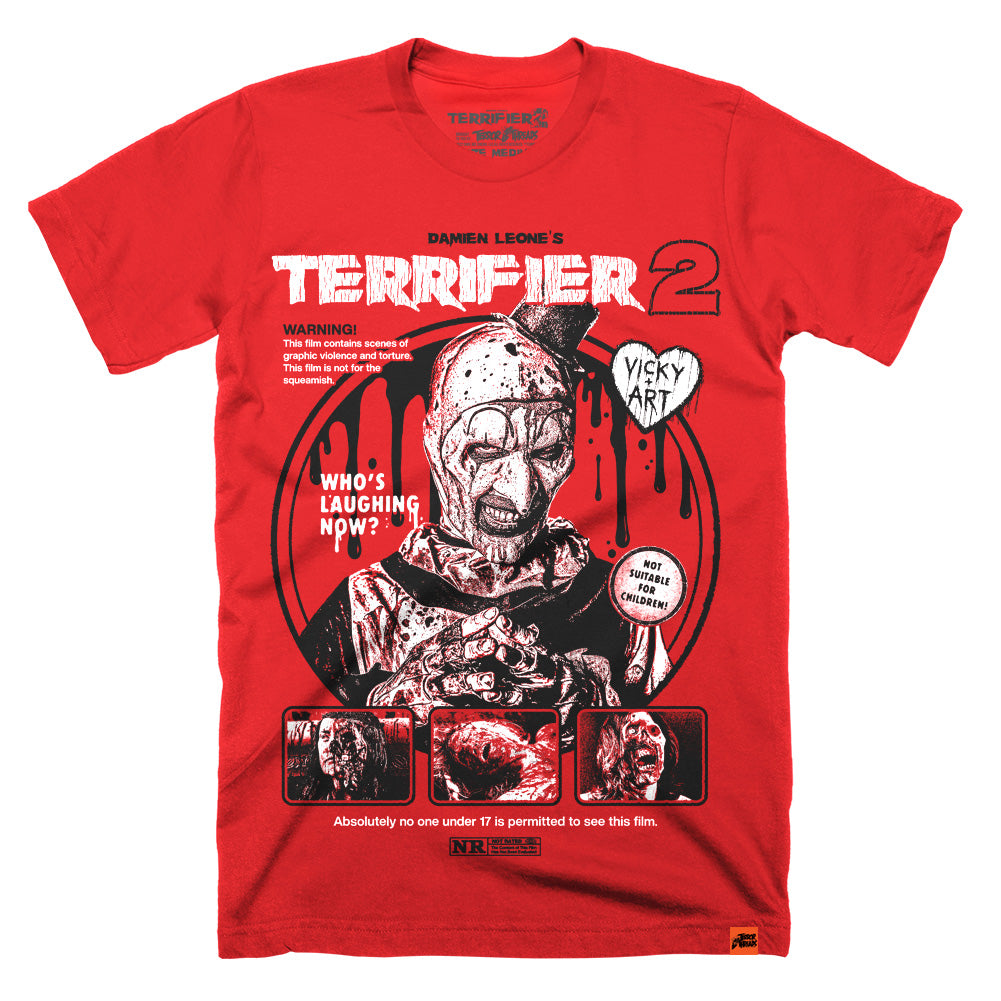 Terrifier 2 Last Laugh officially licensed Art the Clown red screen printed T-shirt