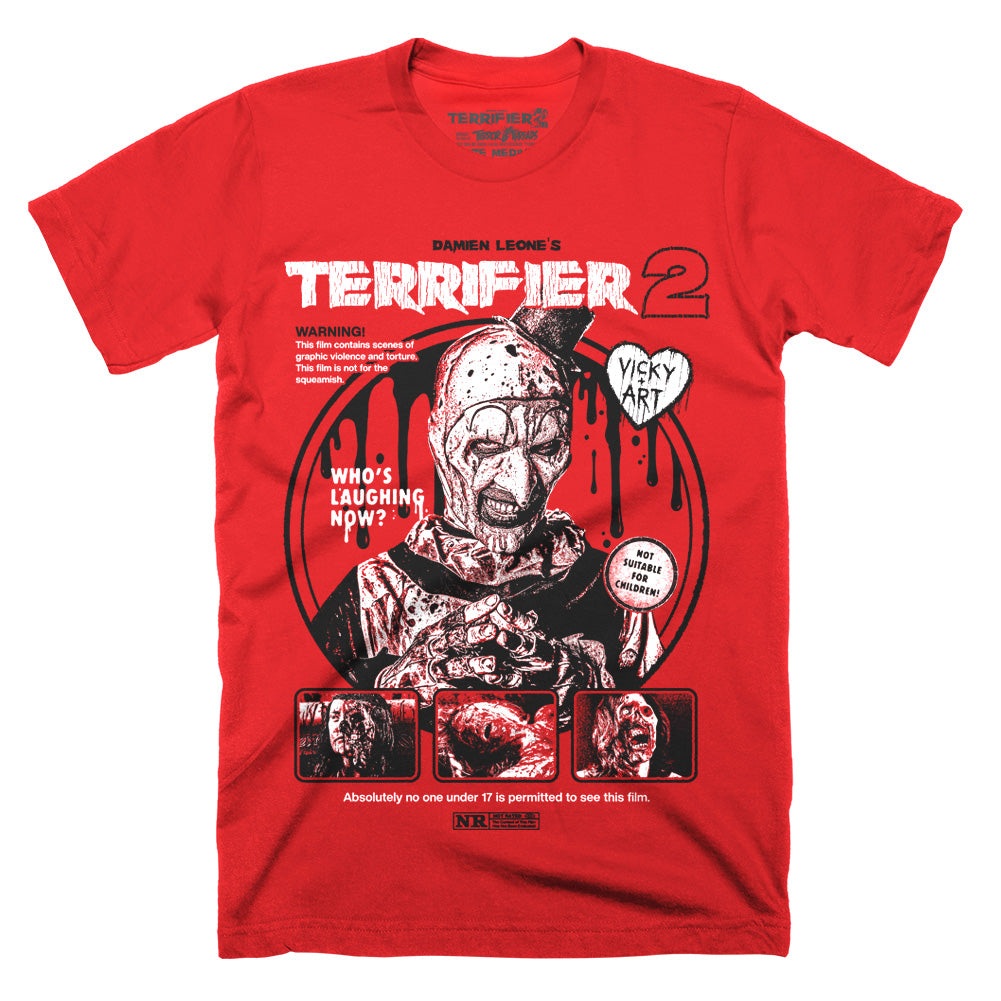 Terrifier 2 Last Laugh T-Shirt featuring blood-soaked Art the Clown with retro horror warning graphics on red Classic Terror Threads tee