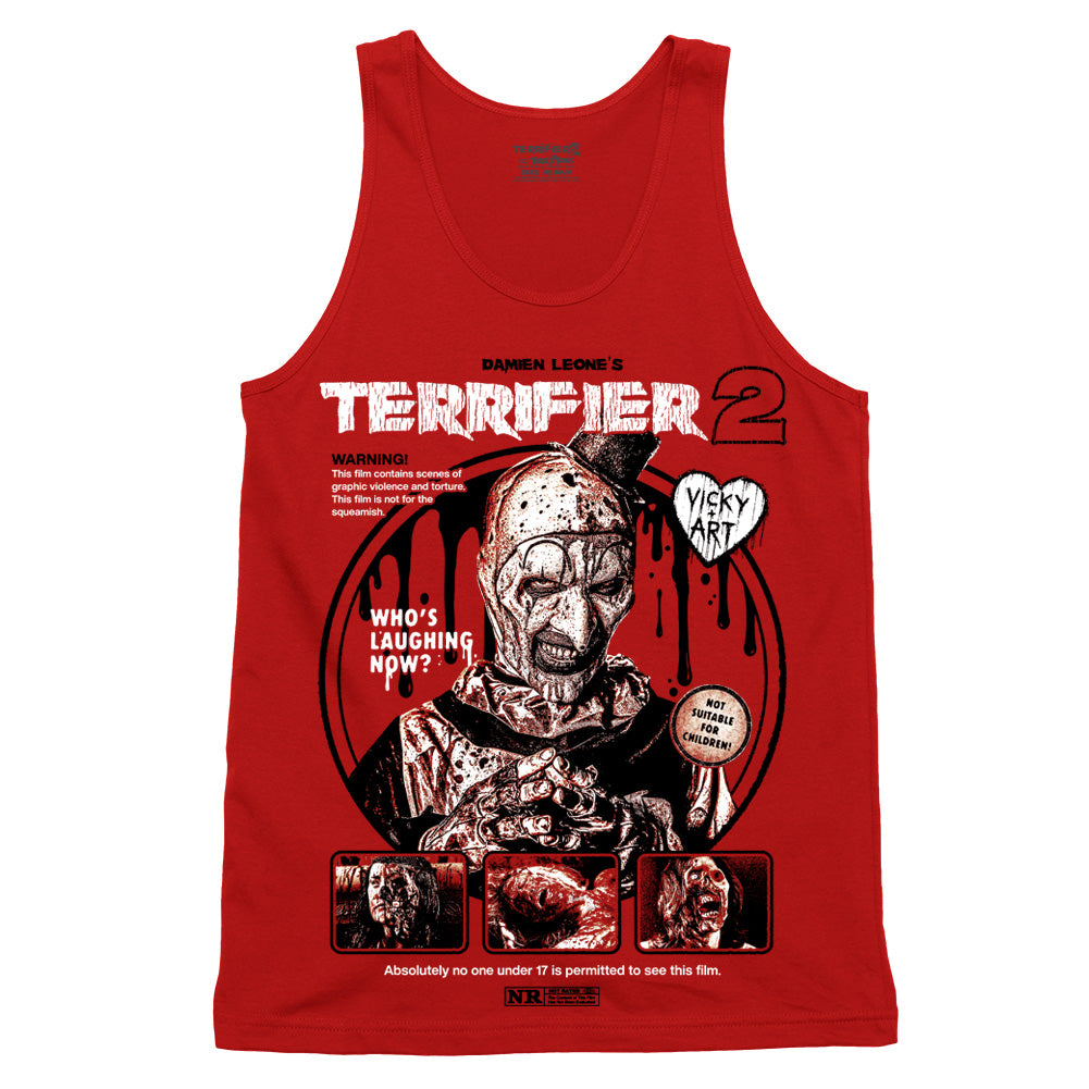Terrifier 2 Last Laugh Tank Top featuring blood-soaked Art the Clown with retro horror warning graphics on red tank top