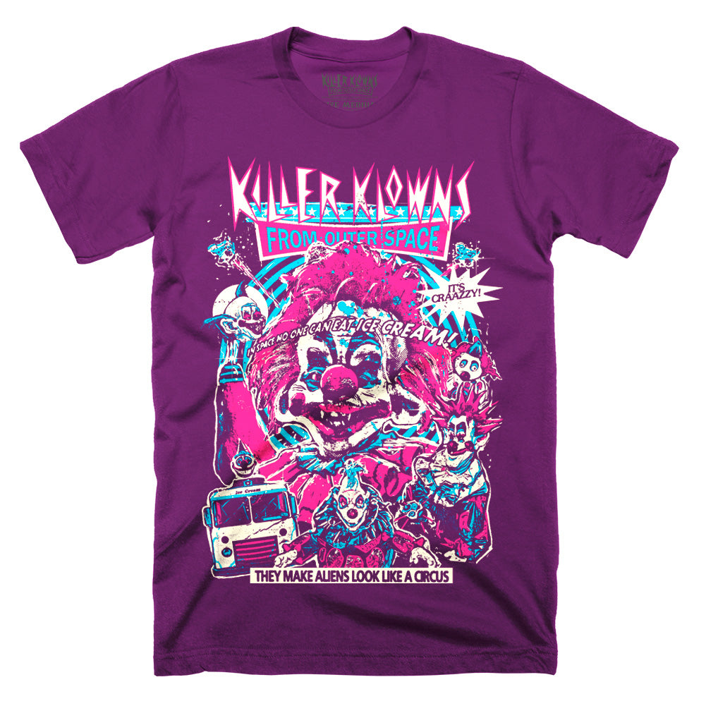 Officially licensed Killer Klowns From Outer Space Like A Circus purple t-shirt featuring vibrant pink, blue, and white artwork of the Killer Klowns, their ice cream truck, and the iconic movie logo.