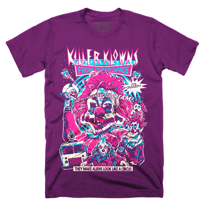 Officially licensed Killer Klowns From Outer Space Like A Circus purple t-shirt featuring vibrant pink, blue, and white artwork of the Killer Klowns, their ice cream truck, and the iconic movie logo.