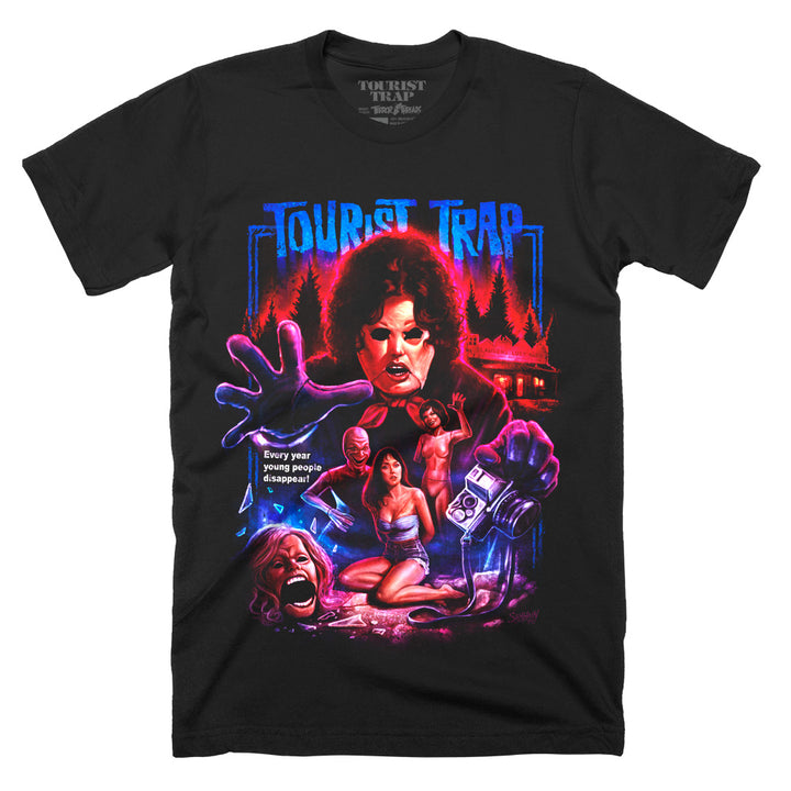 Tourist Trap Lost Oasis officially licensed horror graphic tee featuring Slausen, Eileen, Becky and the roadside museum in vivid red and blue artwork.