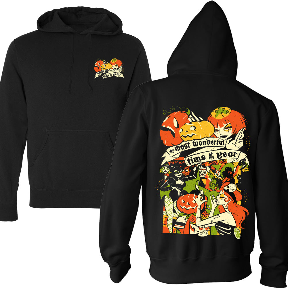 Terror Threads The Most Wonderful Time Of The Year Halloween Bash black pullover hoodie with a small retro Halloween chest graphic on the front and a large back print featuring monsters, jack-o’-lanterns and costumed characters.