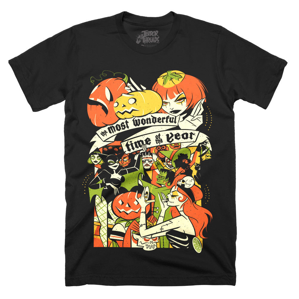 Terror Threads The Most Wonderful Time Of The Year Halloween Bash original graphic on a black Classic Terror Threads T-Shirt featuring retro monsters, jack-o’-lanterns, costumed characters and a vintage Halloween party scene.